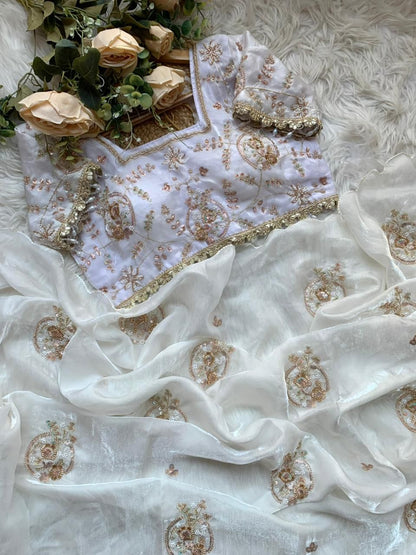 Premium Pure Soft Fandy Satin Silk Saree with Handwork & Cutwork Aarko Border