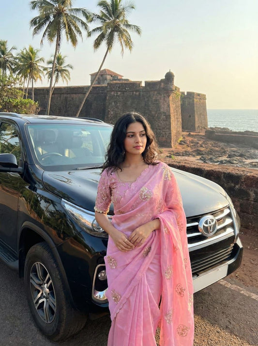 Premium Pure Soft Fandy Satin Silk Saree with Handwork & Cutwork Aarko Border