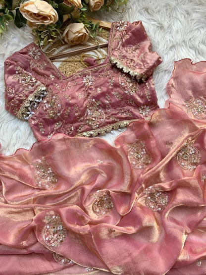 Premium Pure Soft Fandy Satin Silk Saree with Handwork & Cutwork Aarko Border