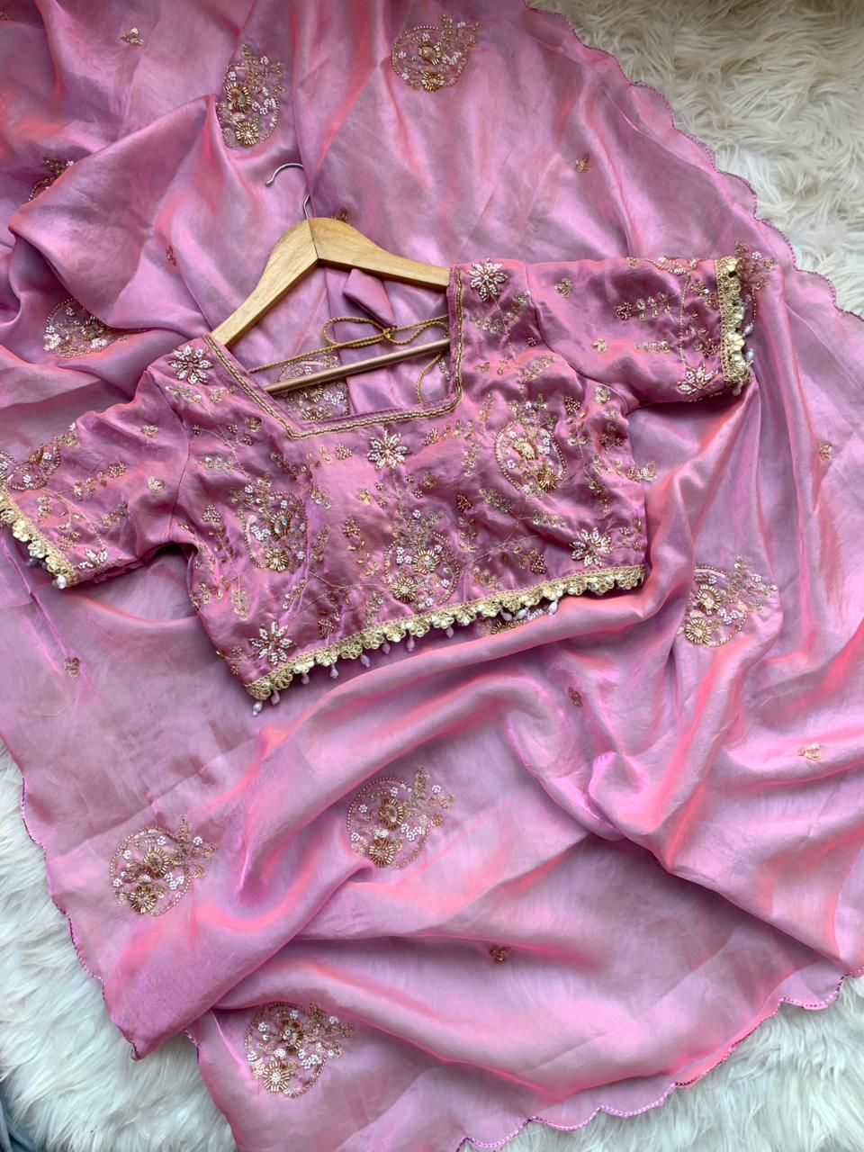 Premium Pure Soft Fandy Satin Silk Saree with Handwork & Cutwork Aarko Border