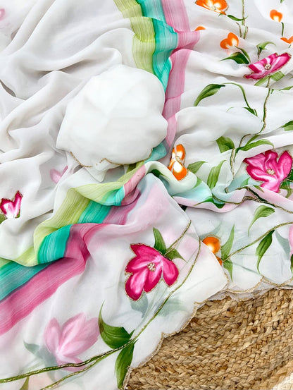 Luxury Handmade Georgette Saree with All-Over Floral Handwork