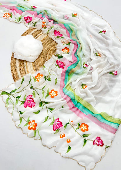 Luxury Handmade Georgette Saree with All-Over Floral Handwork