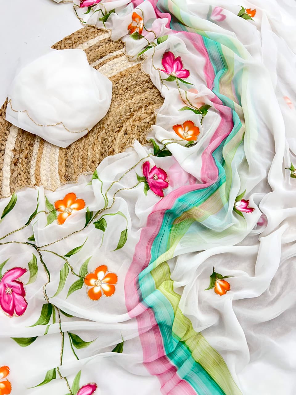 Luxury Handmade Georgette Saree with All-Over Floral Handwork