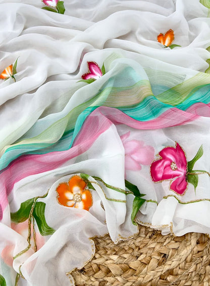 Luxury Handmade Georgette Saree with All-Over Floral Handwork