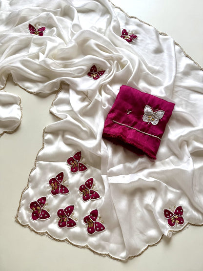 Premium Pure Satin Chiffon Fully Handcrafted Saree with Butterfly Butta & Khatli Work