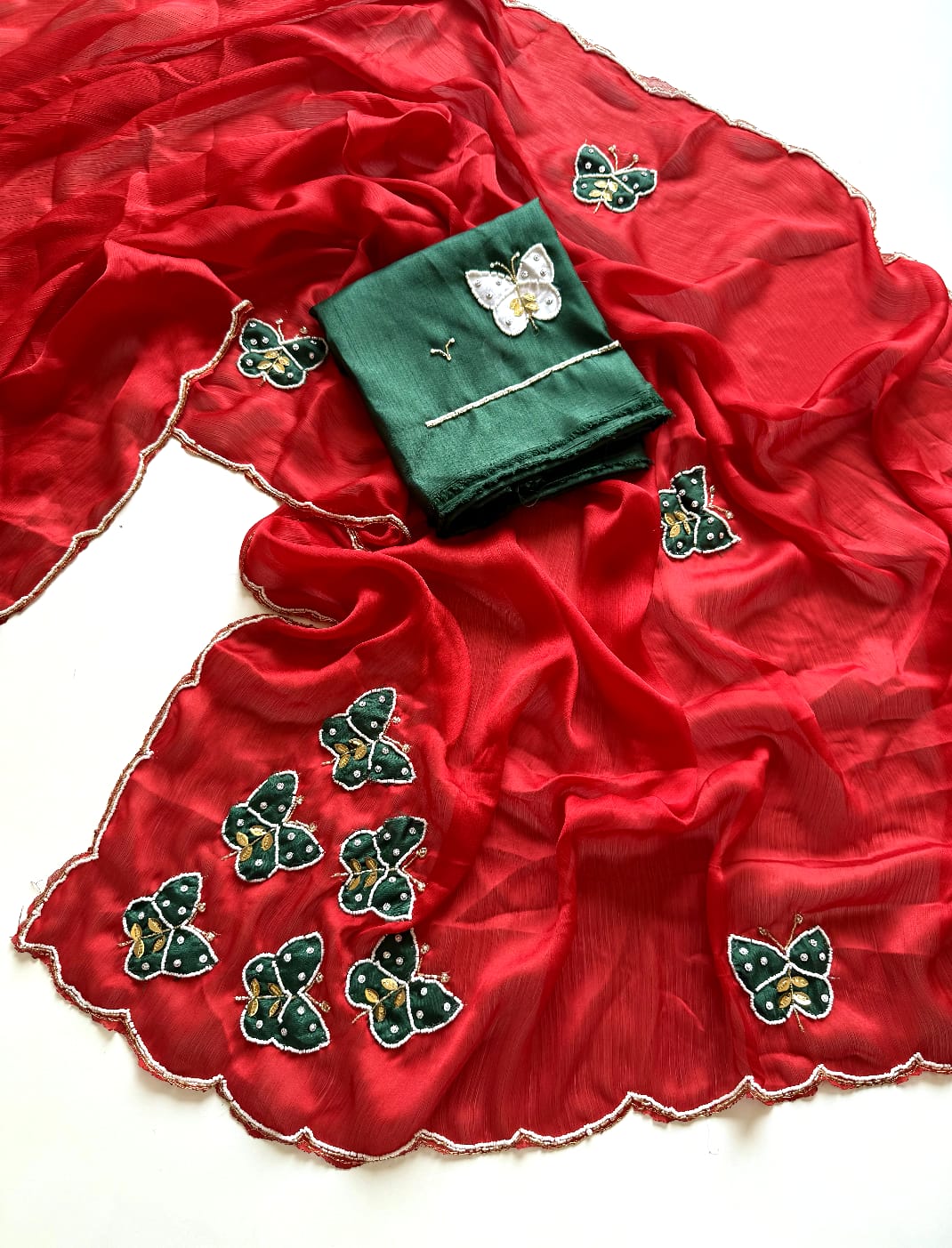 Premium Pure Satin Chiffon Fully Handcrafted Saree with Butterfly Butta & Khatli Work