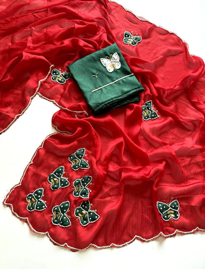 Premium Pure Satin Chiffon Fully Handcrafted Saree with Butterfly Butta & Khatli Work