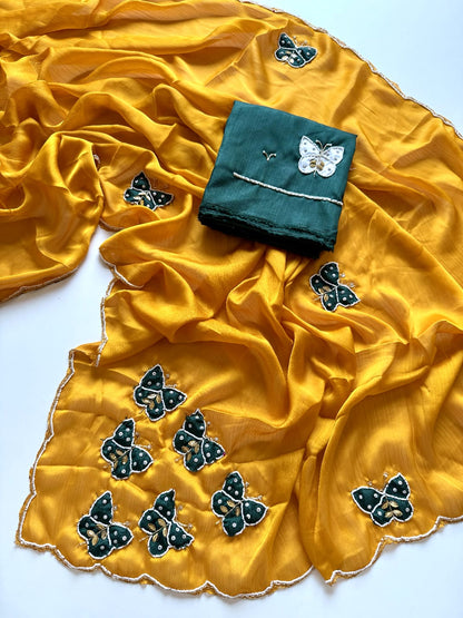 Premium Pure Satin Chiffon Fully Handcrafted Saree with Butterfly Butta & Khatli Work
