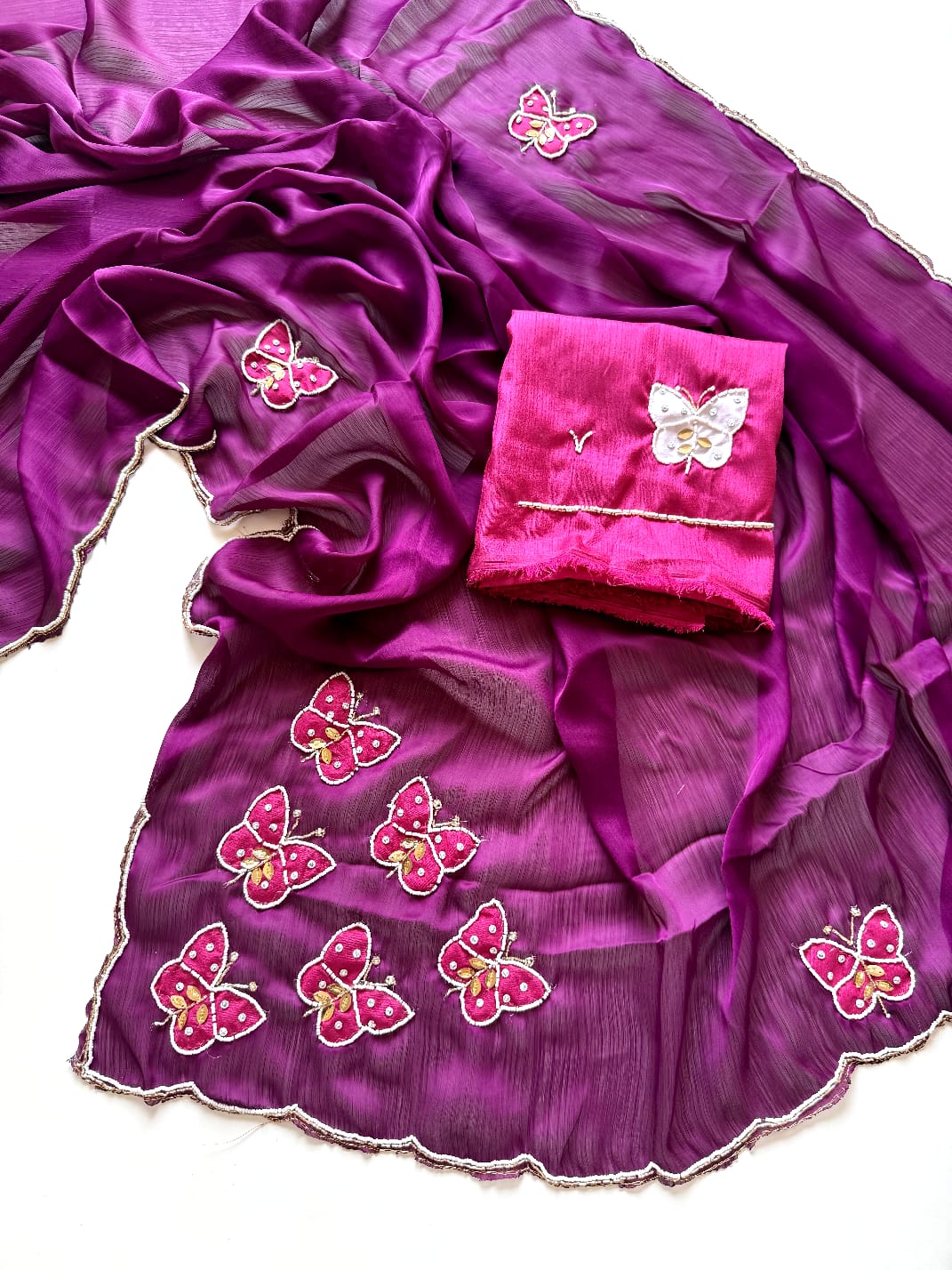 Premium Pure Satin Chiffon Fully Handcrafted Saree with Butterfly Butta & Khatli Work