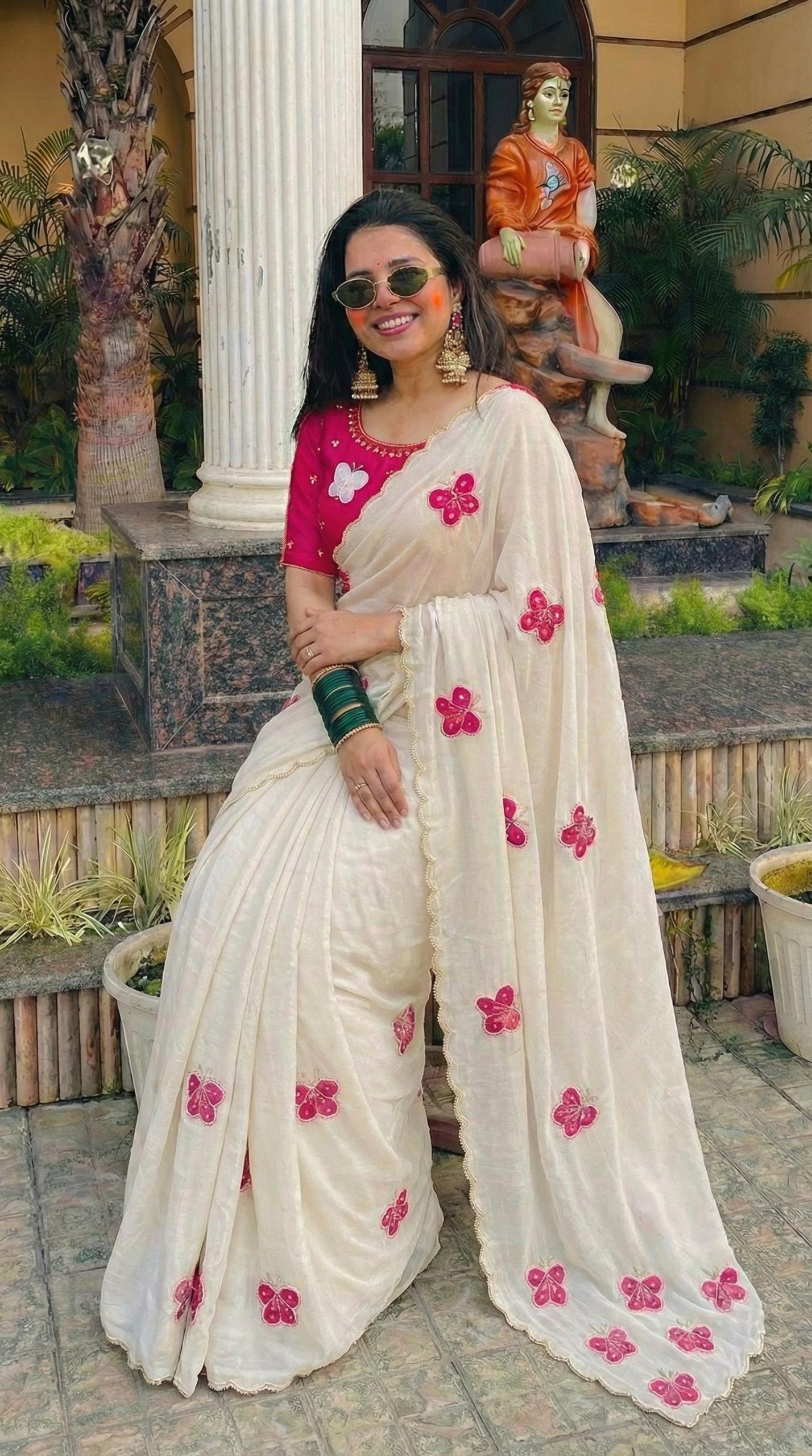 Premium Pure Satin Chiffon Fully Handcrafted Saree with Butterfly Butta & Khatli Work