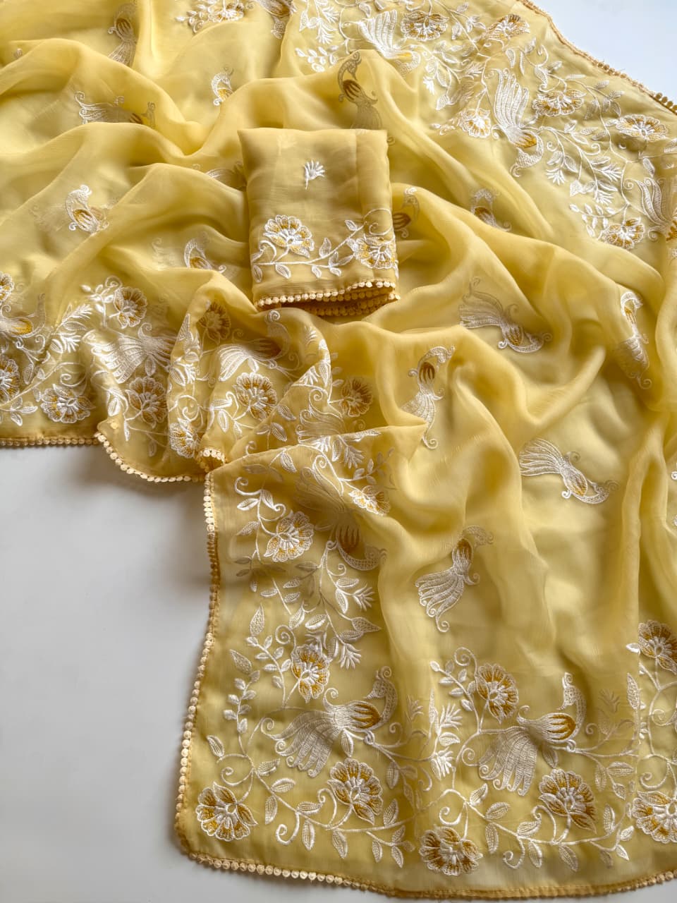 Premium Pure Vari Chiffon Saree with Bird & Floral Embroidery