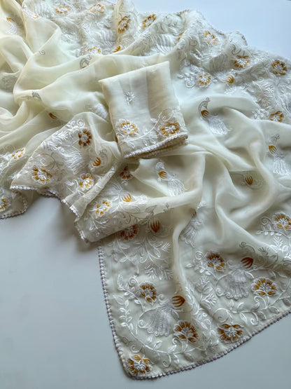 Premium Pure Vari Chiffon Saree with Bird & Floral Embroidery