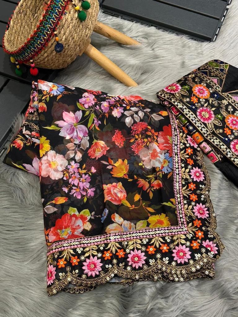 Designer Georgette Saree with Embroidered Lace & Banglory Blouse