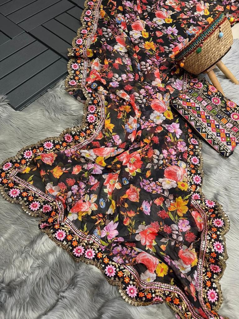 Designer Georgette Saree with Embroidered Lace & Banglory Blouse