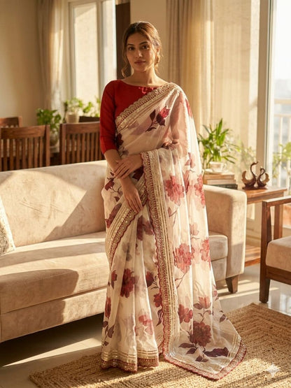 Designer Floral Georgette Saree with Gota Patti Lace Border