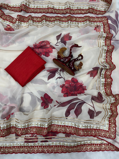 Designer Floral Georgette Saree with Gota Patti Lace Border