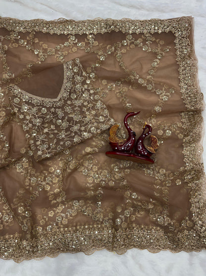 Premium Soft Net Saree with Sequins & Zari Embroidery