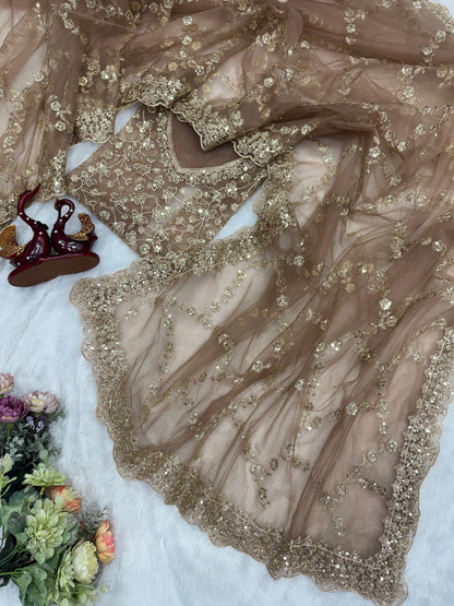 Premium Soft Net Saree with Sequins & Zari Embroidery