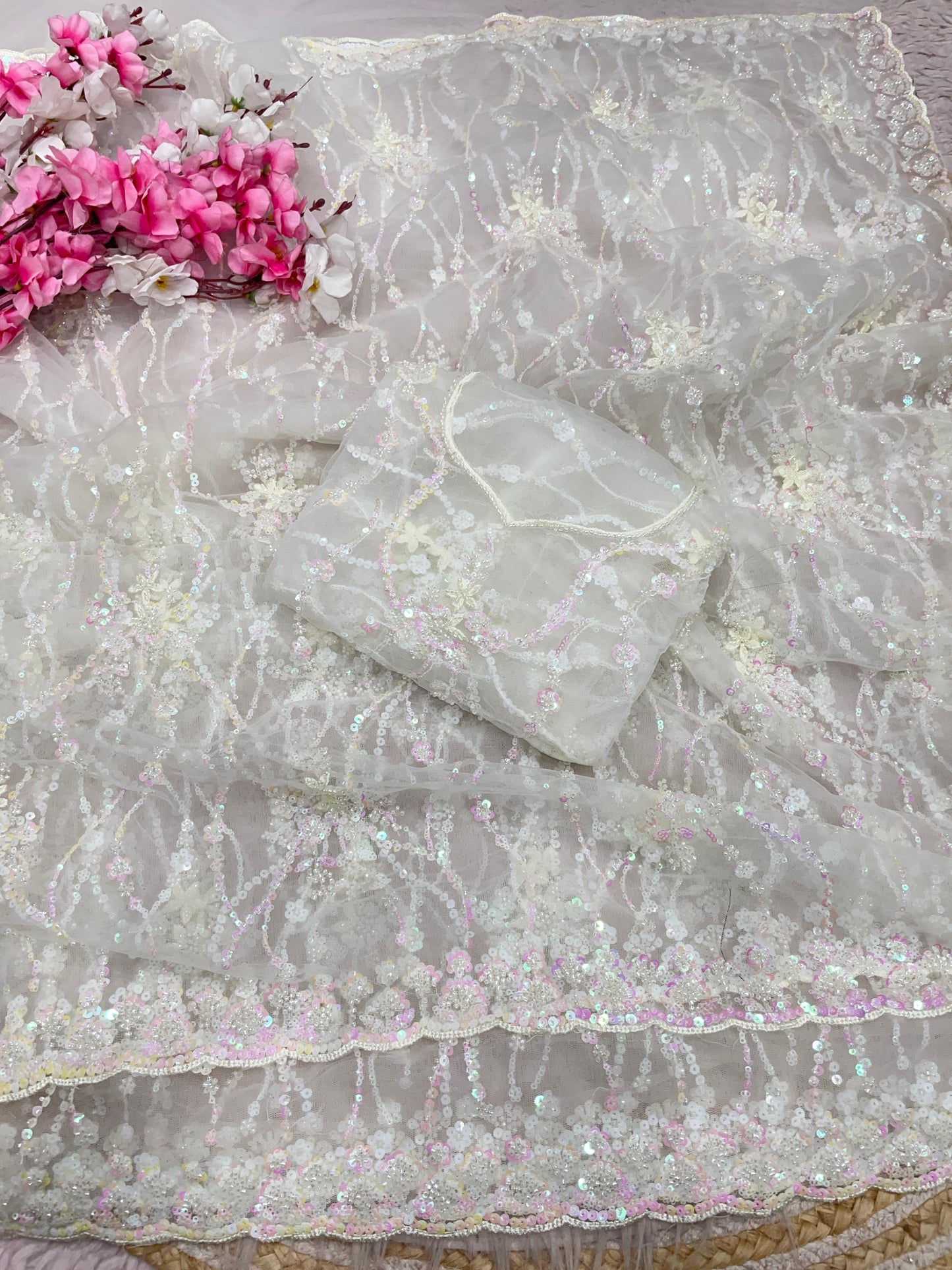 Designer Butterfly Net Saree with Arco Border & Embroidered Blouse