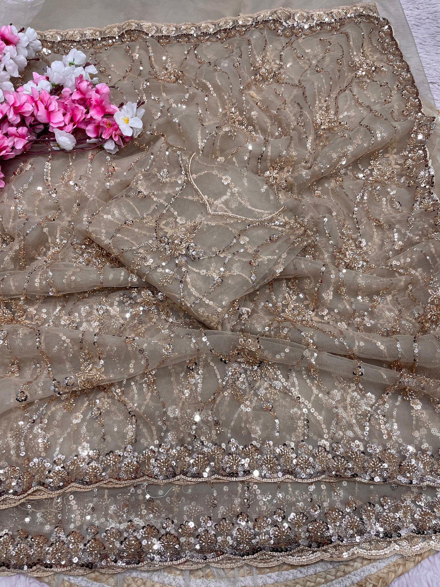 Designer Butterfly Net Saree with Arco Border & Embroidered Blouse