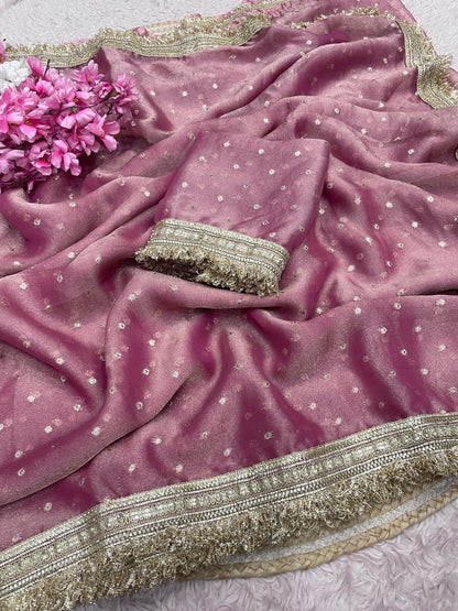 Premium NC Moss Butti Saree with Elegant Lace Border