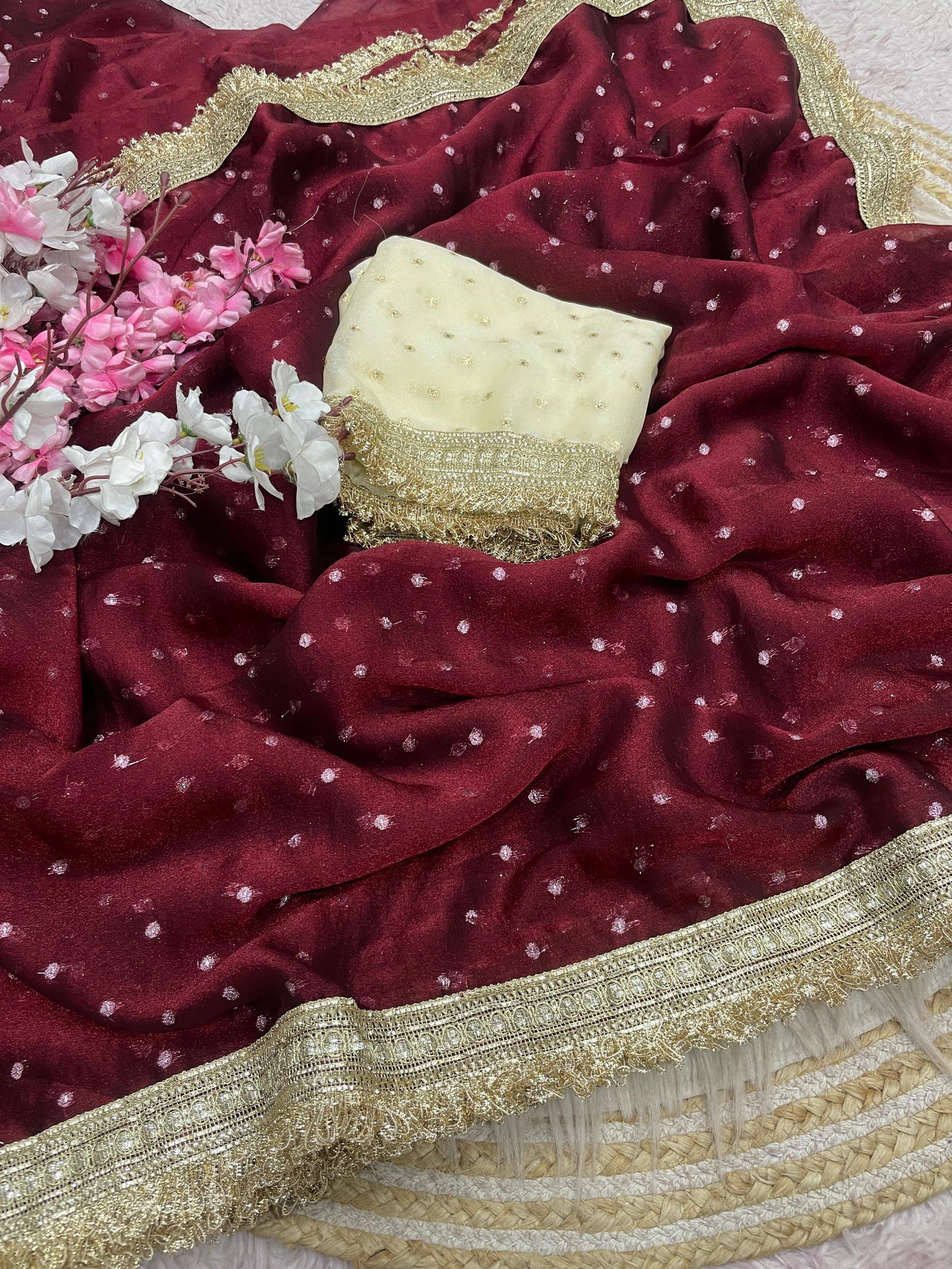 Premium NC Moss Butti Saree with Elegant Lace Border