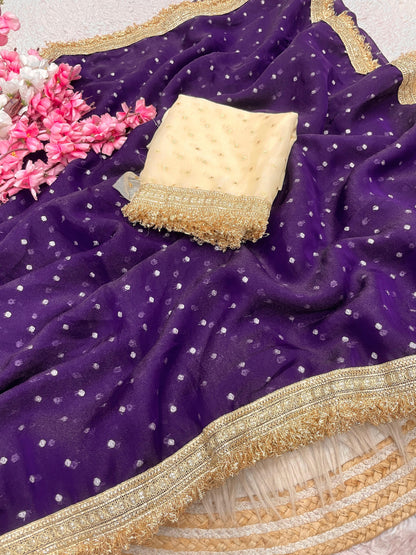 Premium NC Moss Butti Saree with Elegant Lace Border