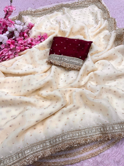 Premium NC Moss Butti Saree with Elegant Lace Border