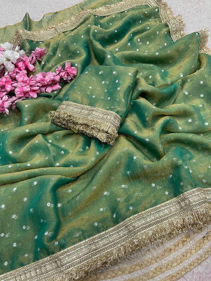 Premium NC Moss Butti Saree with Elegant Lace Border