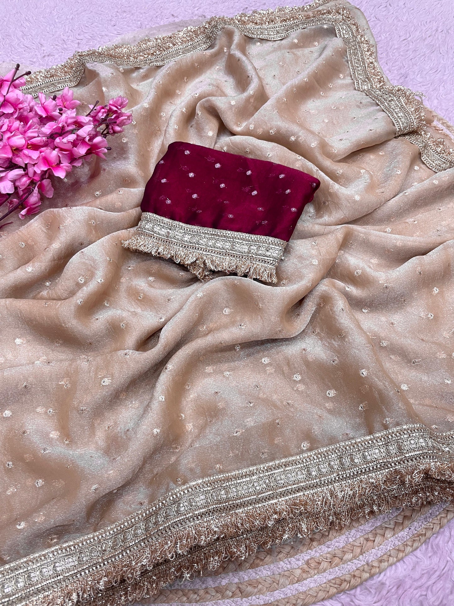 Premium NC Moss Butti Saree with Elegant Lace Border