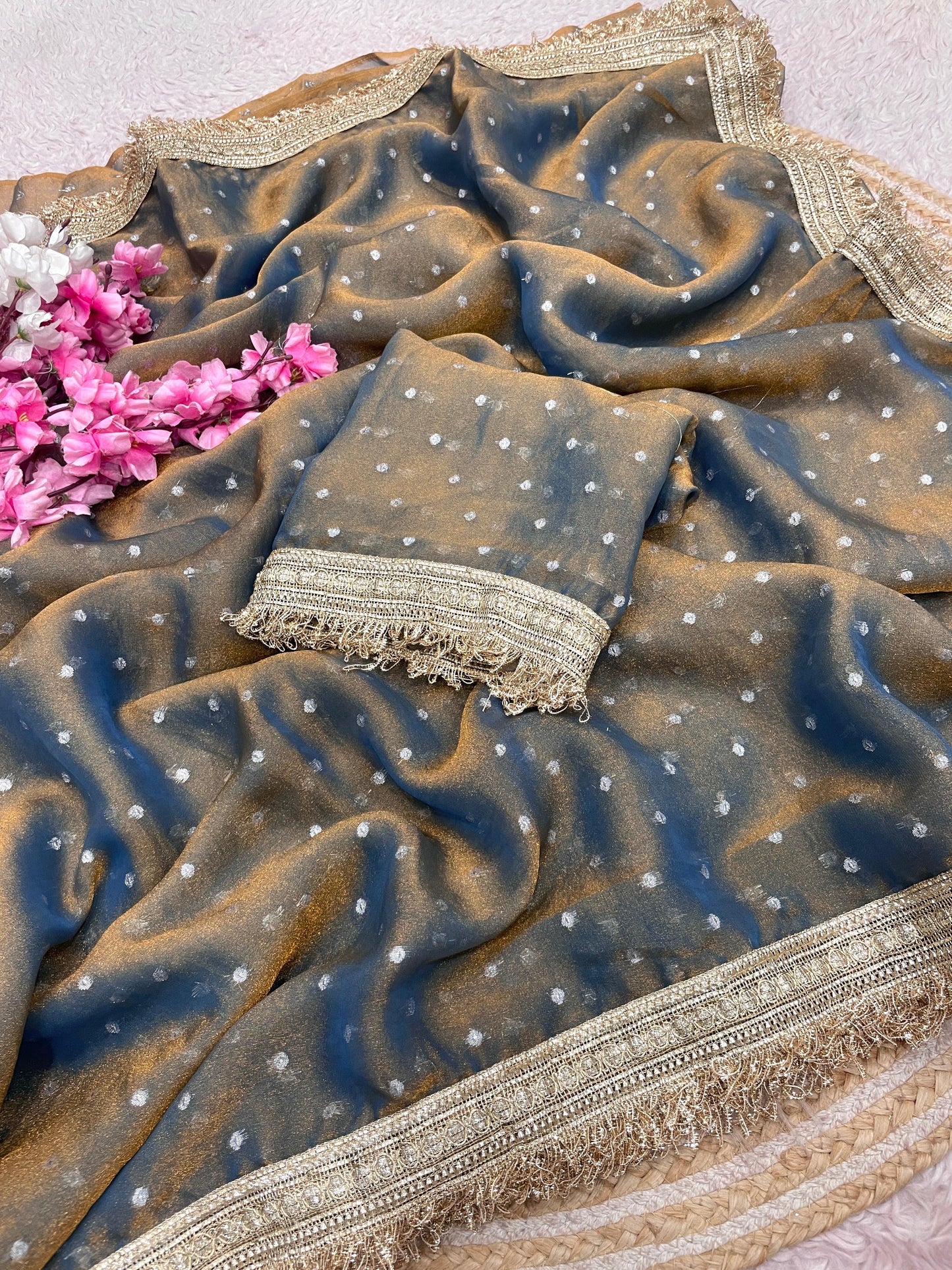 Premium NC Moss Butti Saree with Elegant Lace Border