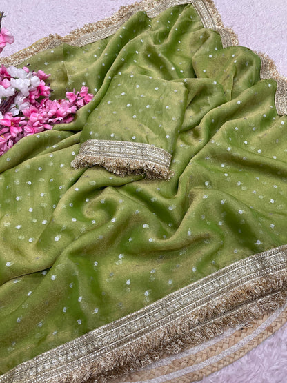 Premium NC Moss Butti Saree with Elegant Lace Border