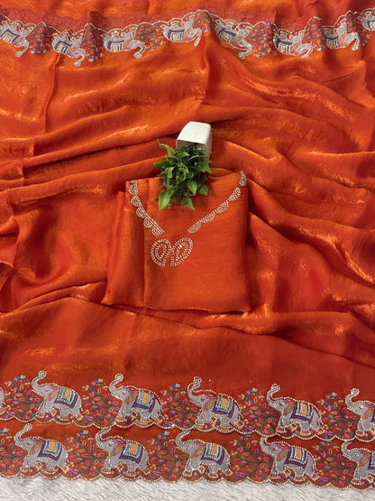 Premium Space Silk Saree with Rabari Multi Thread & Zarkhand Work