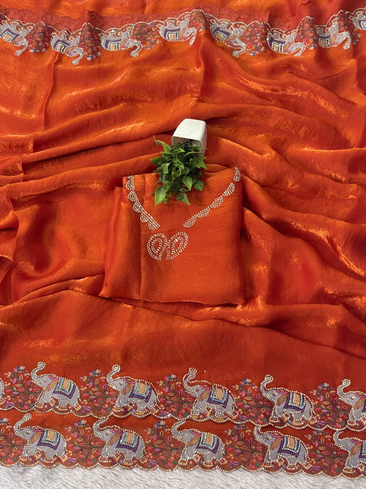 Premium Space Silk Saree with Rabari Multi Thread & Zarkhand Work