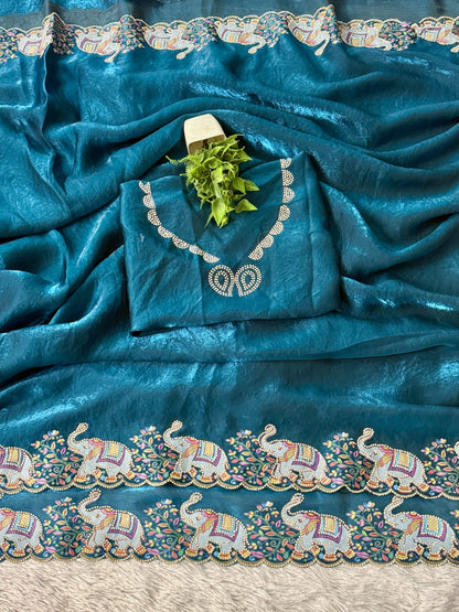 Premium Space Silk Saree with Rabari Multi Thread & Zarkhand Work