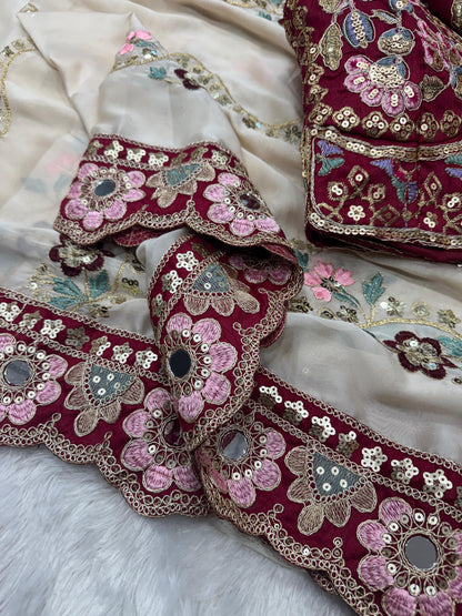 Premium Soft Rangoli Silk Saree with Sequins, Dori & Real Mirror Work