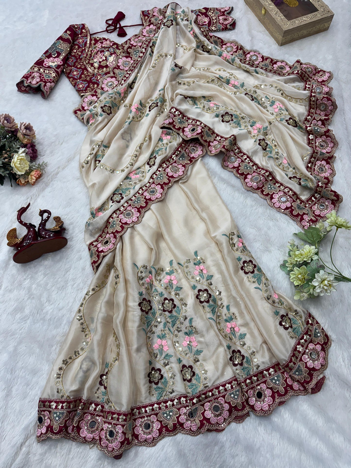 Premium Soft Rangoli Silk Saree with Sequins, Dori & Real Mirror Work