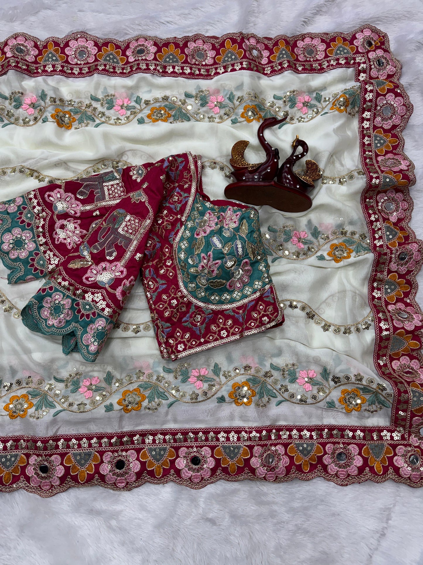Premium Soft Rangoli Silk Saree with Sequins, Dori & Real Mirror Work