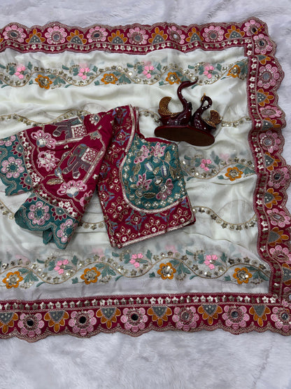 Premium Soft Rangoli Silk Saree with Sequins, Dori & Real Mirror Work