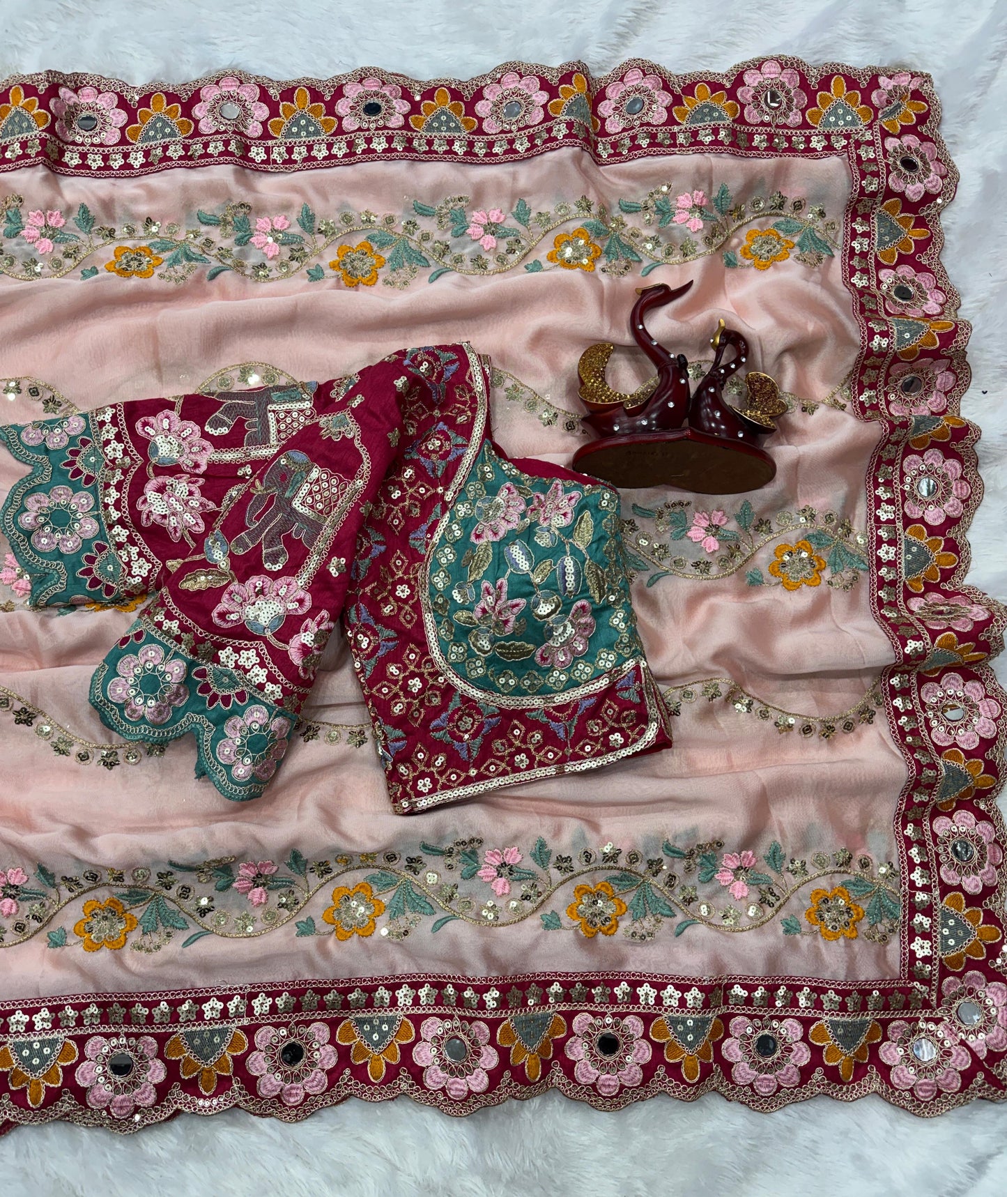 Premium Soft Rangoli Silk Saree with Sequins, Dori & Real Mirror Work