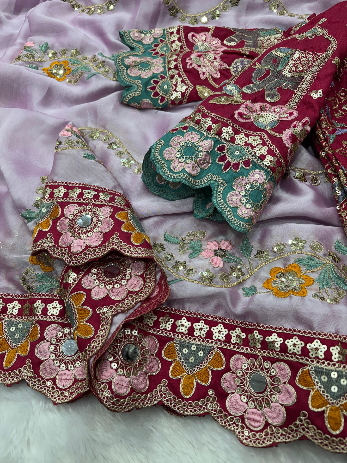 Premium Soft Rangoli Silk Saree with Sequins, Dori & Real Mirror Work
