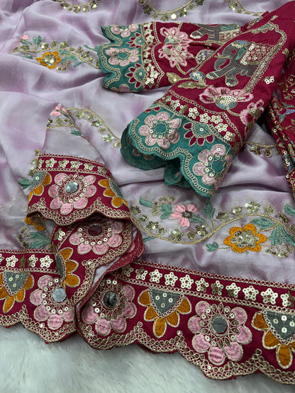 Premium Soft Rangoli Silk Saree with Sequins, Dori & Real Mirror Work