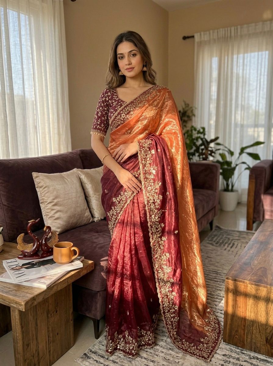 Premium Shaded Soft Frendy Chiffon Saree with Sequins Embroidery