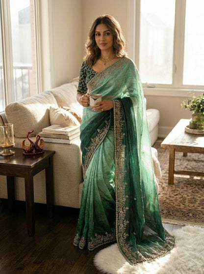 Premium Shaded Soft Frendy Chiffon Saree with Sequins Embroidery