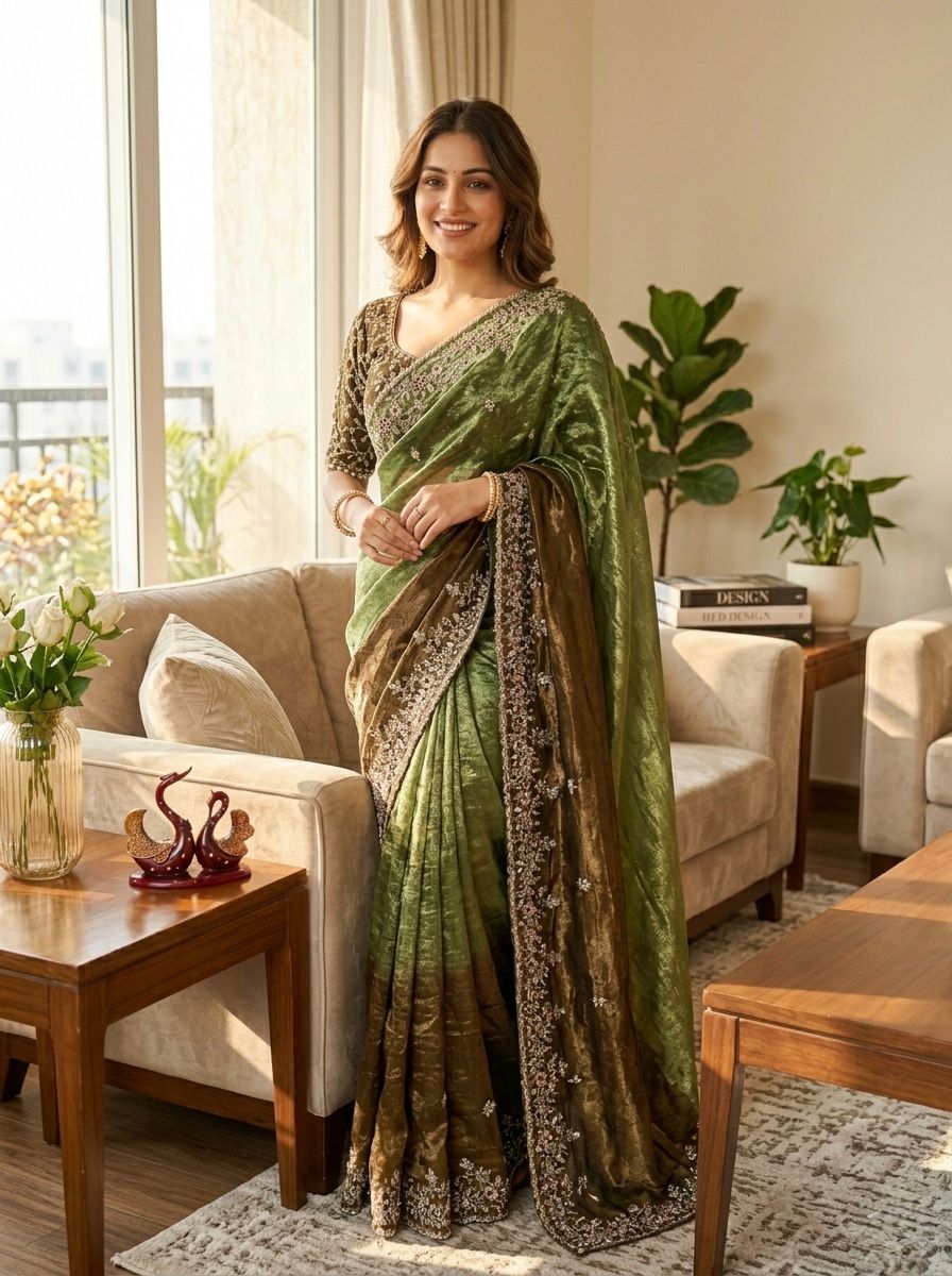 Premium Shaded Soft Frendy Chiffon Saree with Sequins Embroidery