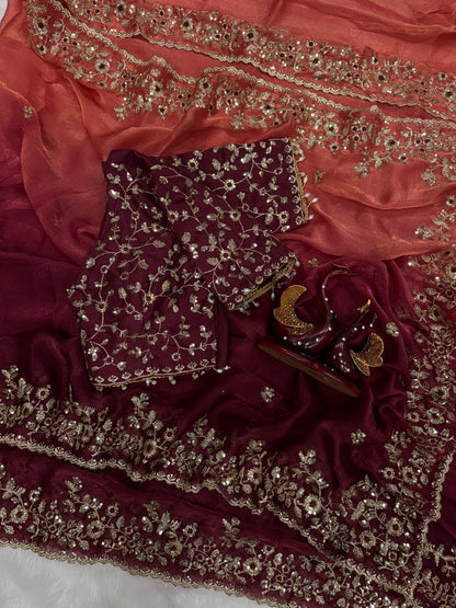 Premium Shaded Soft Frendy Chiffon Saree with Sequins Embroidery