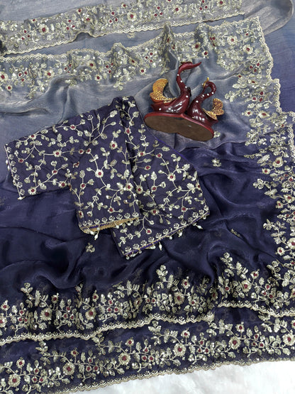 Premium Shaded Soft Frendy Chiffon Saree with Sequins Embroidery