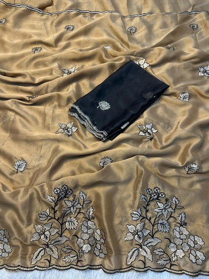 Premium Heavy Rangoli Silk Saree with Panel Embroidery & C-Pallu Cutwork