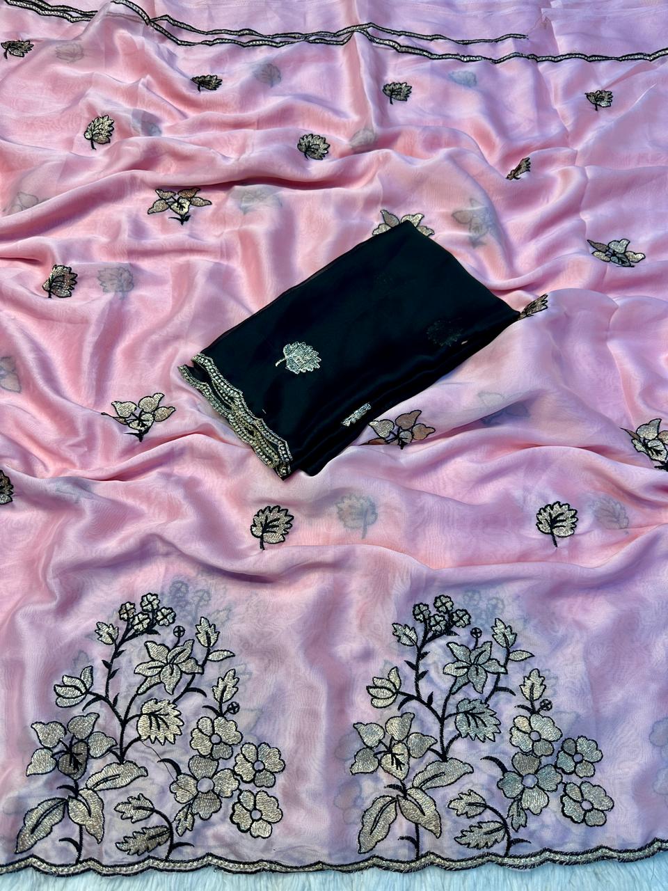 Premium Heavy Rangoli Silk Saree with Panel Embroidery & C-Pallu Cutwork