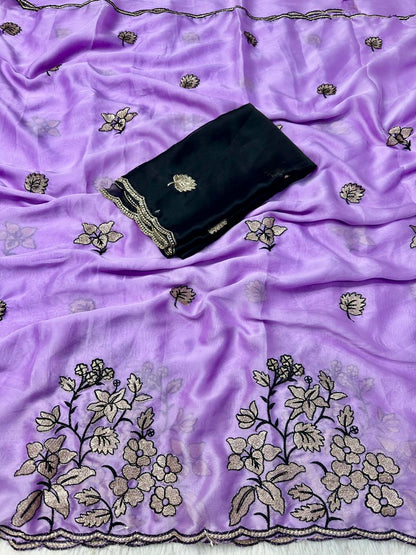 Premium Heavy Rangoli Silk Saree with Panel Embroidery & C-Pallu Cutwork